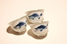 Load image into Gallery viewer, Tongxin She · Blue and White Mandarin Fish Silver-Rimmed Tasting Cup Set (3 Cups)