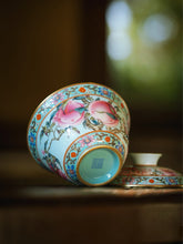 Load image into Gallery viewer, Turquoise‑Glazed Carved Enamel Gaiwan & Teacup Set Tongxinshe Teahouse寿桃🍑