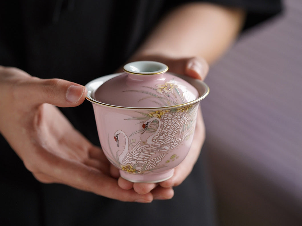 Jingdezhen hand-painted pastel swan gaiwan and teacup