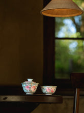 Load image into Gallery viewer, Turquoise‑Glazed Carved Enamel Gaiwan &amp; Teacup Set Tongxinshe Teahouse寿桃🍑
