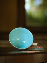Load image into Gallery viewer, Turquoise‑Glazed Carved Enamel Gaiwan &amp; Teacup Set Tongxinshe Teahouse寿桃🍑
