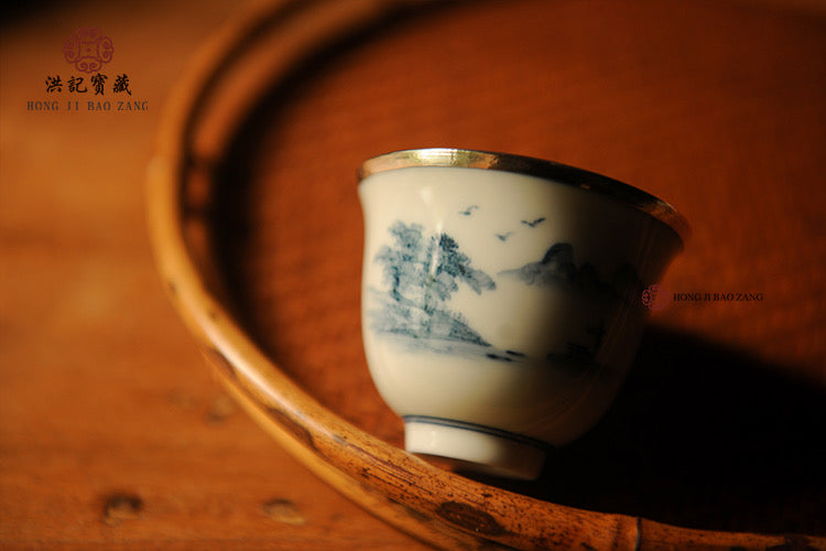 9999 sterling silver-covered porcelain landscape blue and white