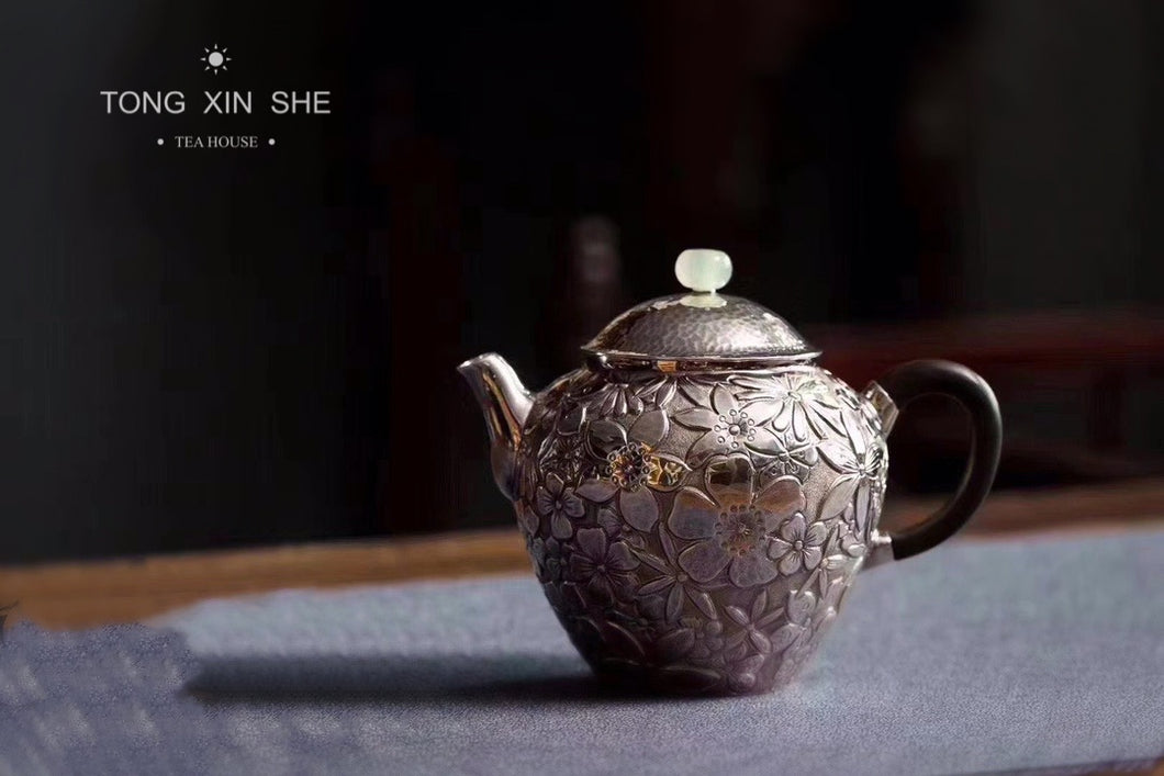 9999 sterling silver flower full pot / made by teacher Wang Jianwei, inheritor of 