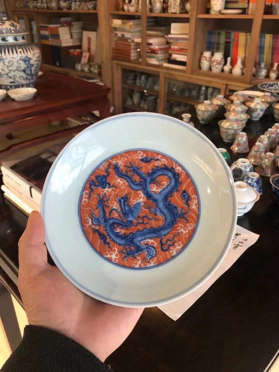 Imitation Ming Orthodox-Tianshun blue and white with alum and red sea water dragon plate
