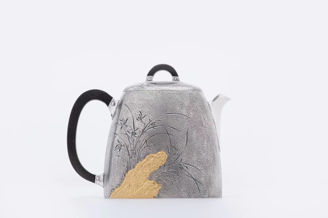 Jinshi Youlan Qinquan Silver Teapot(金石幽兰秦权泡茶银壶）